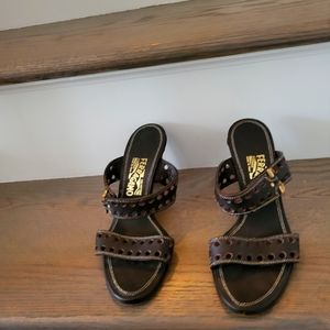 Salvatore Ferragamo leather brown slide sandals. Size 9 3 1/2" heel